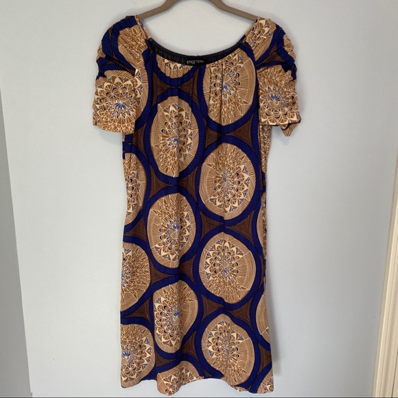 Etcetera Royal Blue & Beige Short Sleeve Cotton Shift Dress Size: 0 - Picture 8 of 12